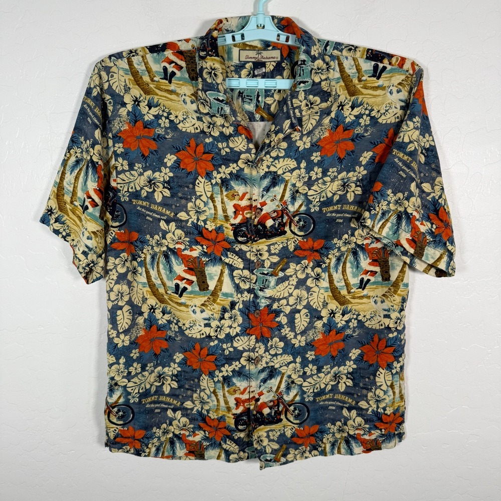 Tommy Bahama Navy Blue Floral & Motorcycle Santa Print Casual Button-Down Shirt
